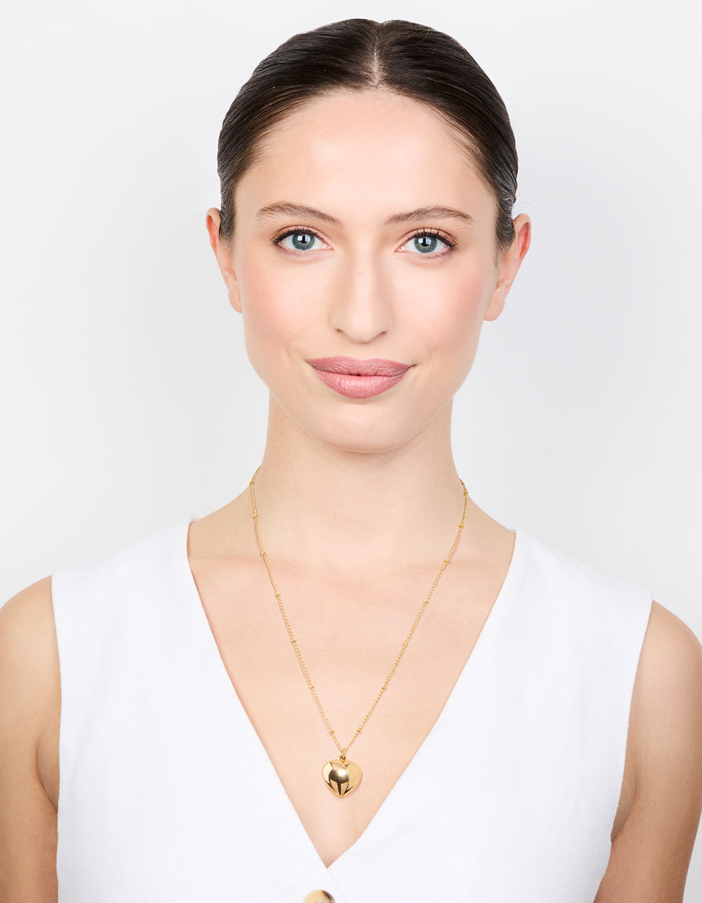 Gold Puffy Heart Ball Chain Pendant Necklace