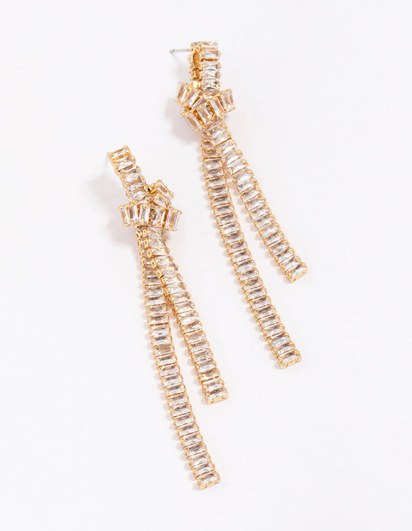 Gold Plated Cubic Zirconia Baguette Knotted Drop Earrings