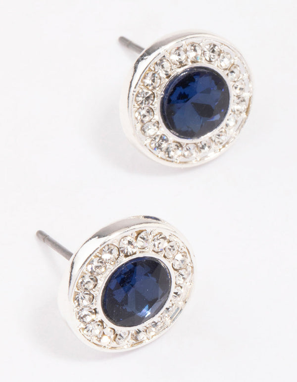 Silver Halo Sapphire Diamante Stud Earrings