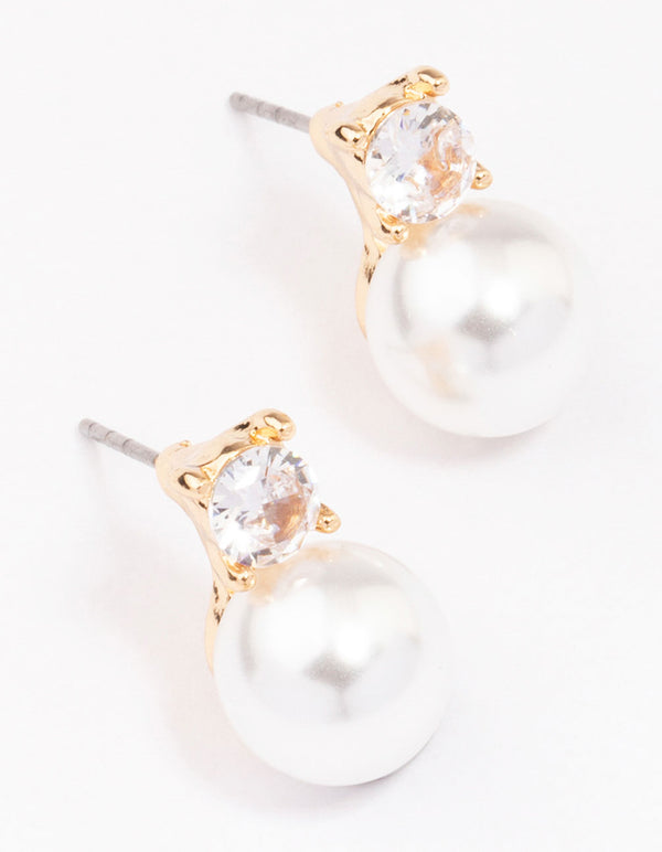 Gold Diamante & Pearl Stud Earrings
