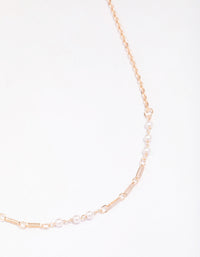Rose Gold Pearl & Rectangular Link Chain Necklace - link has visual effect only