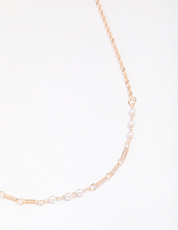 Rose Gold Pearl & Rectangular Link Chain Necklace