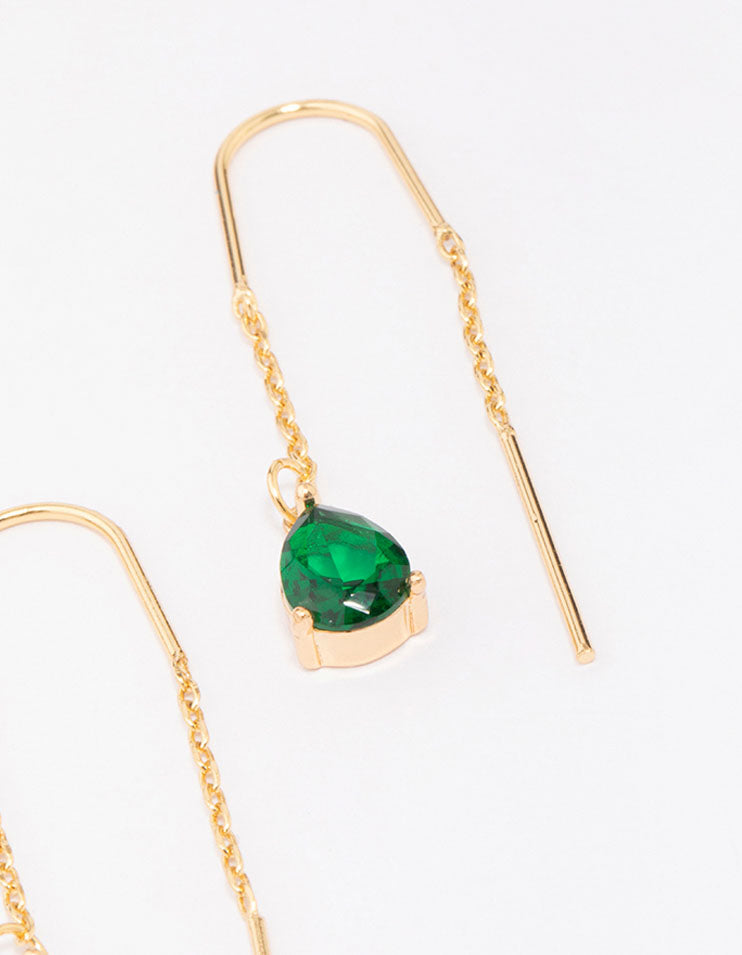 Gold Plated Cubic ZIrconia Emerald Threader Drop Earrings