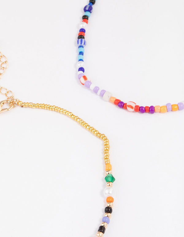 Gold Mixed Beaded & Pearl Anklet 3-Pack
