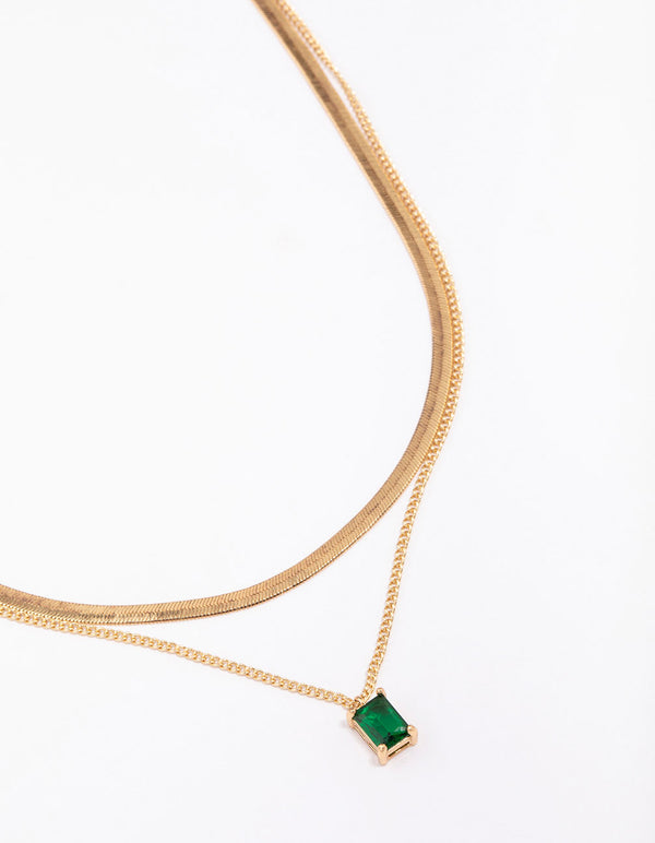 Gold Plated Baguette Snake Emerald Layered Necklace