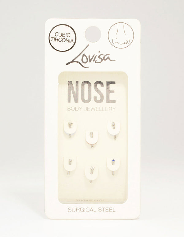 Surgical Steel Heart & Diamante Nose Stud 6-Pack