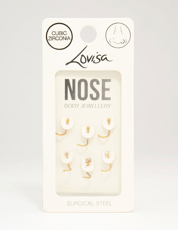 Gold Plated Surgical Steel Diamante Cross Nose Piercing 6-Pack