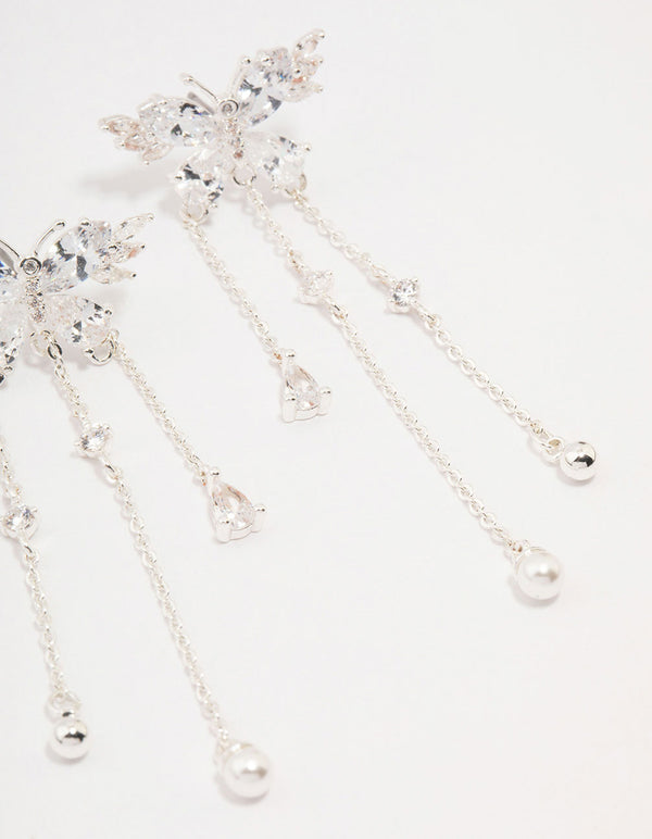 Silver Cubic Zirconia Butterfly Drop Earrings