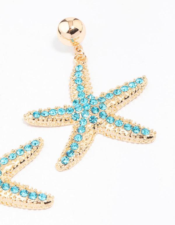 Gold Diamante Starfish Drop Earrings