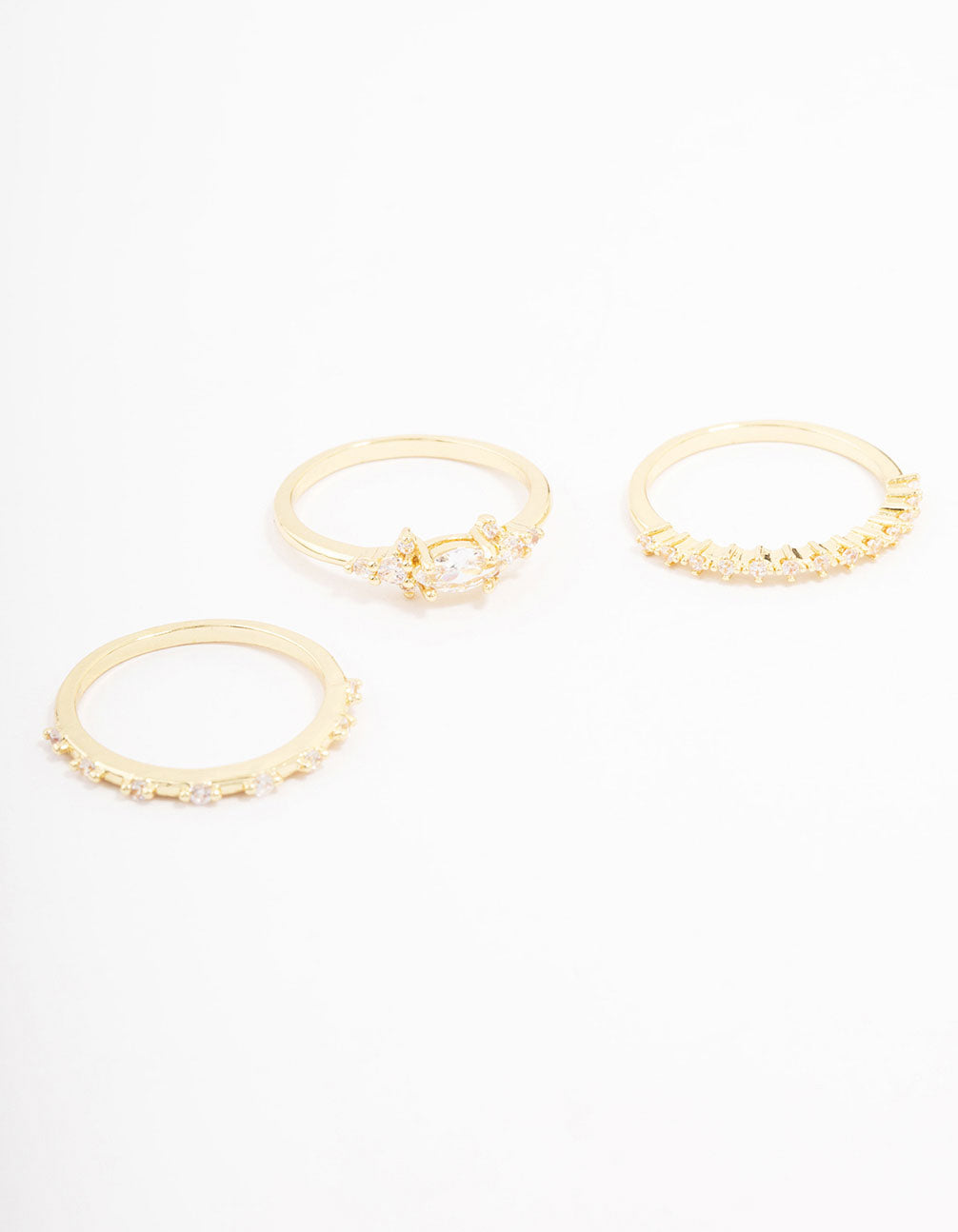 Showcasing fine gold plated marquise stacking rings in a 3-pack front view
