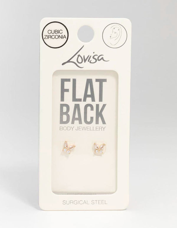 Gold Plated Surgical Steel Cubic Zirconia Butterfly Flat Back 2-Pack