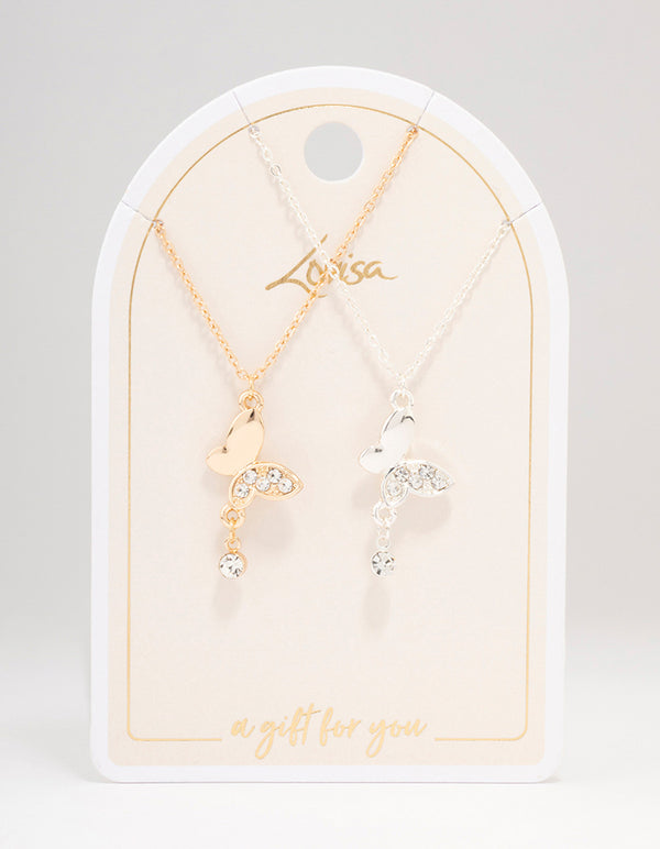 Mixed Metal Butterfly Diamante Necklace Pack