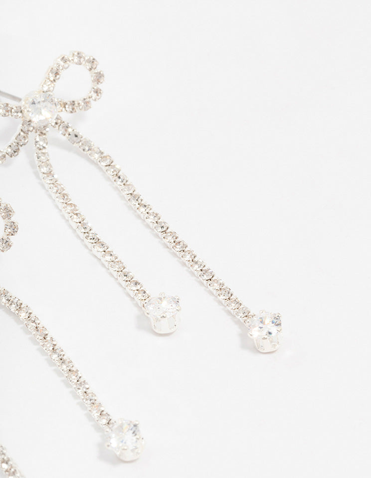 Silver Diamante Cupchain Bow Drop Earrings