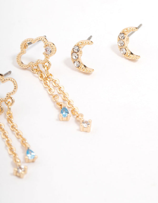 Gold Cubic Zirconia Moon & Star Mixed Earring 3-Pack
