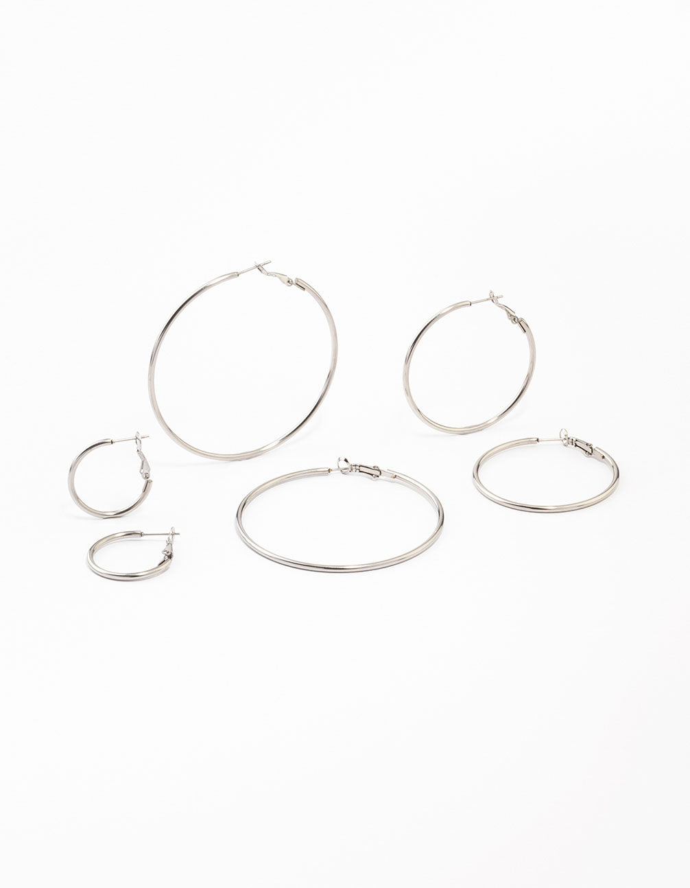 Showcasing waterproof stainless steel thin hoop earrings in a silver 3-pack front view
