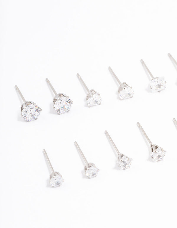 Waterproof Stainless Steel Cubic Zirconia Stud Earrings 6-Pack