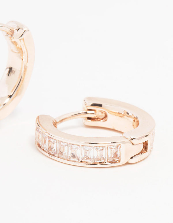 Rose Gold Plated Cubic Zirconia Thin Pave Hoop Earrings