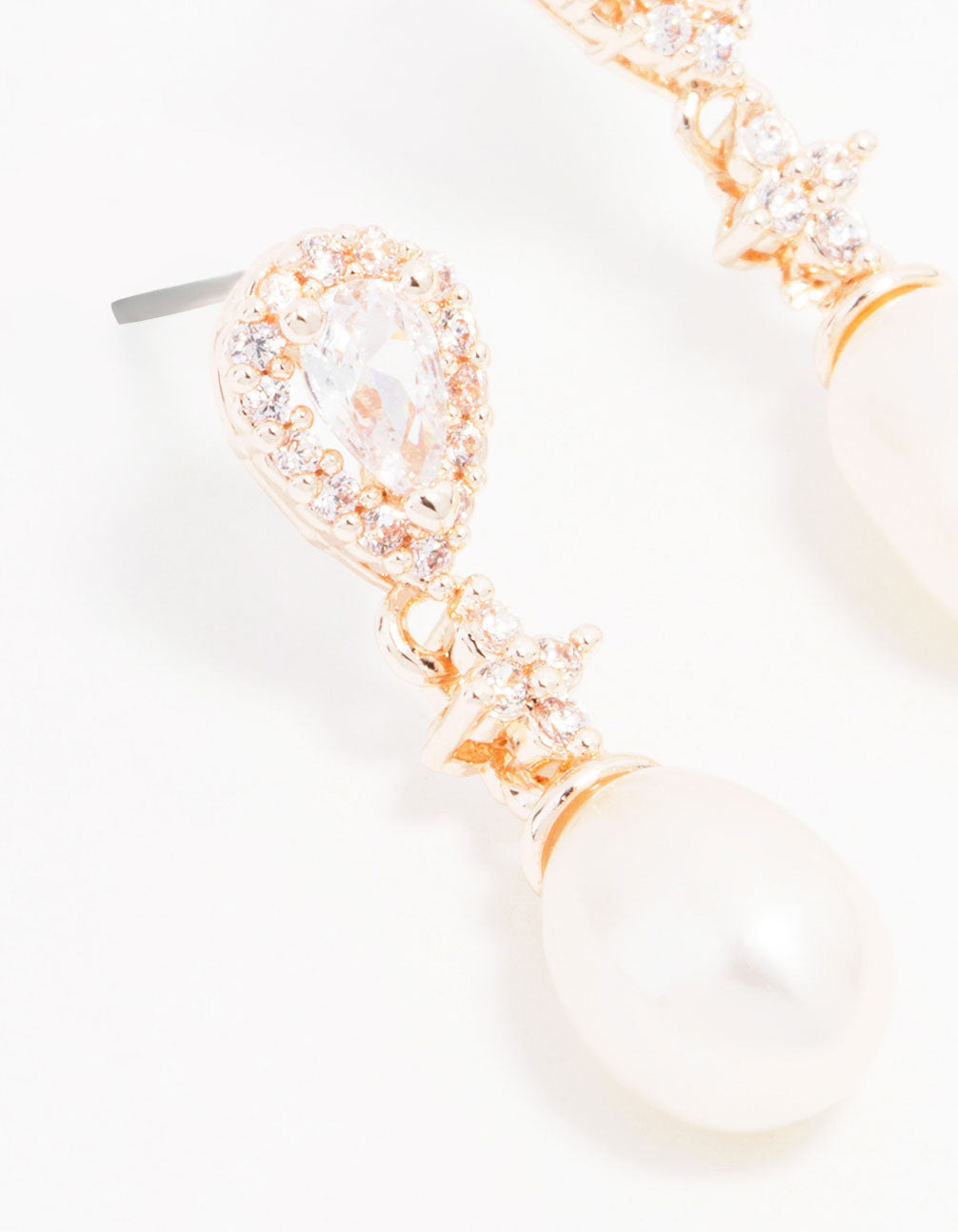 Rose Gold Plated Cubic Zirconia Halo Pearl Drop Earrings