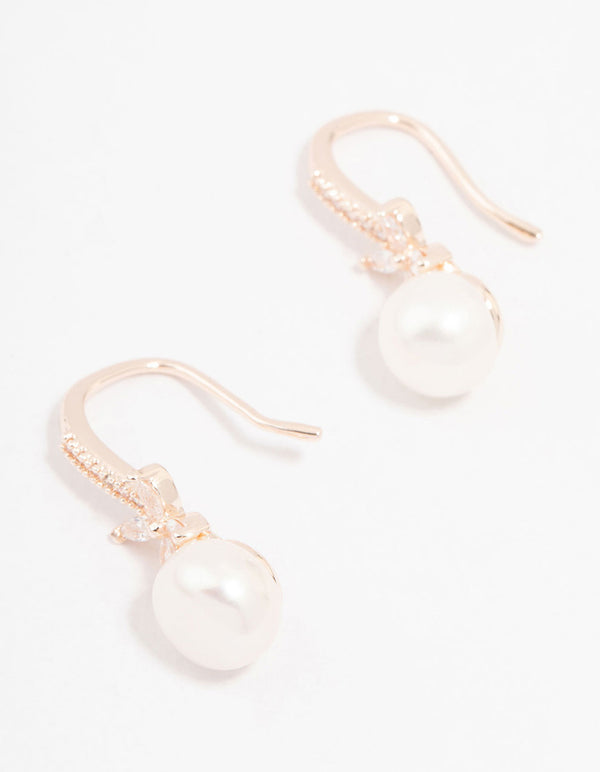 Rose Gold Plated Cubic Zirconia Pave Flower & Pearl Hook Earrings