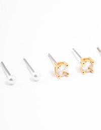 Gold Plated Cubic Zirconia Pearl Ball Stud Earrings 3-Pack - link has visual effect only