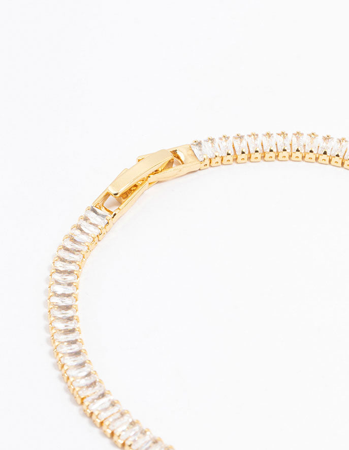 Gold Plated Cubic Zirconia Baguette Tennis Bangle