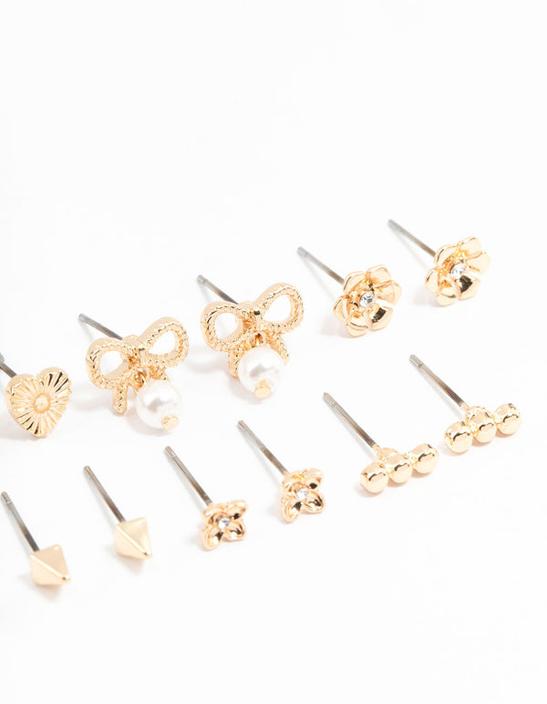 Gold Bow & Pearl Stud Earrings 8-Pack