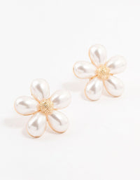 Large Gold Pearl Flower Stud Earrings - link has visual effect only