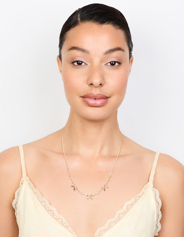 Rose Gold Station Diamante Bow Necklace