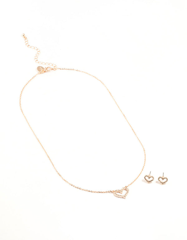 Rose Gold Open Diamante Heart Necklace & Stud Earrings