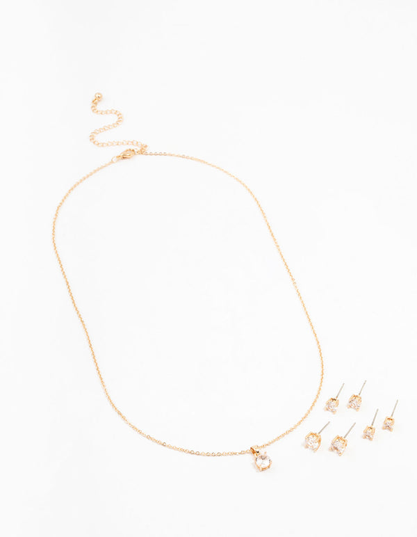 Gold Multiple Cubic Zirconia 6-Pack Stud  Earrings & Necklace Set