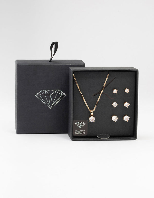 Gold Multiple Cubic Zirconia 6-Pack Stud  Earrings & Necklace Set