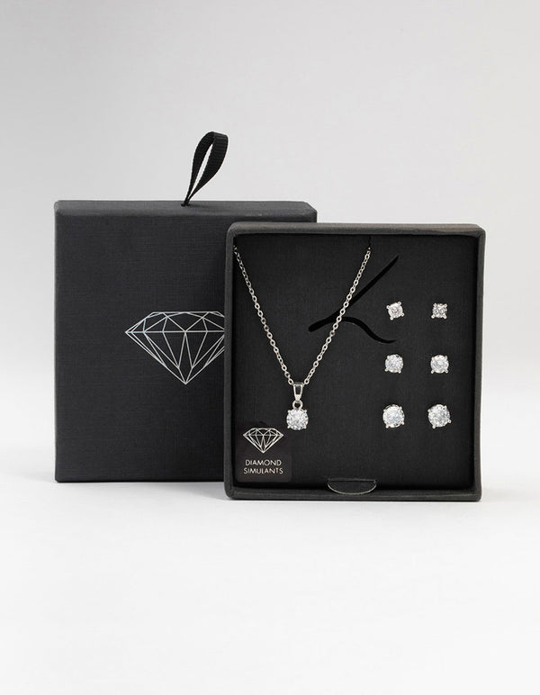 Silver Multiple Cubic Zirconia 6-Pack Stud Earrings & Necklace Set