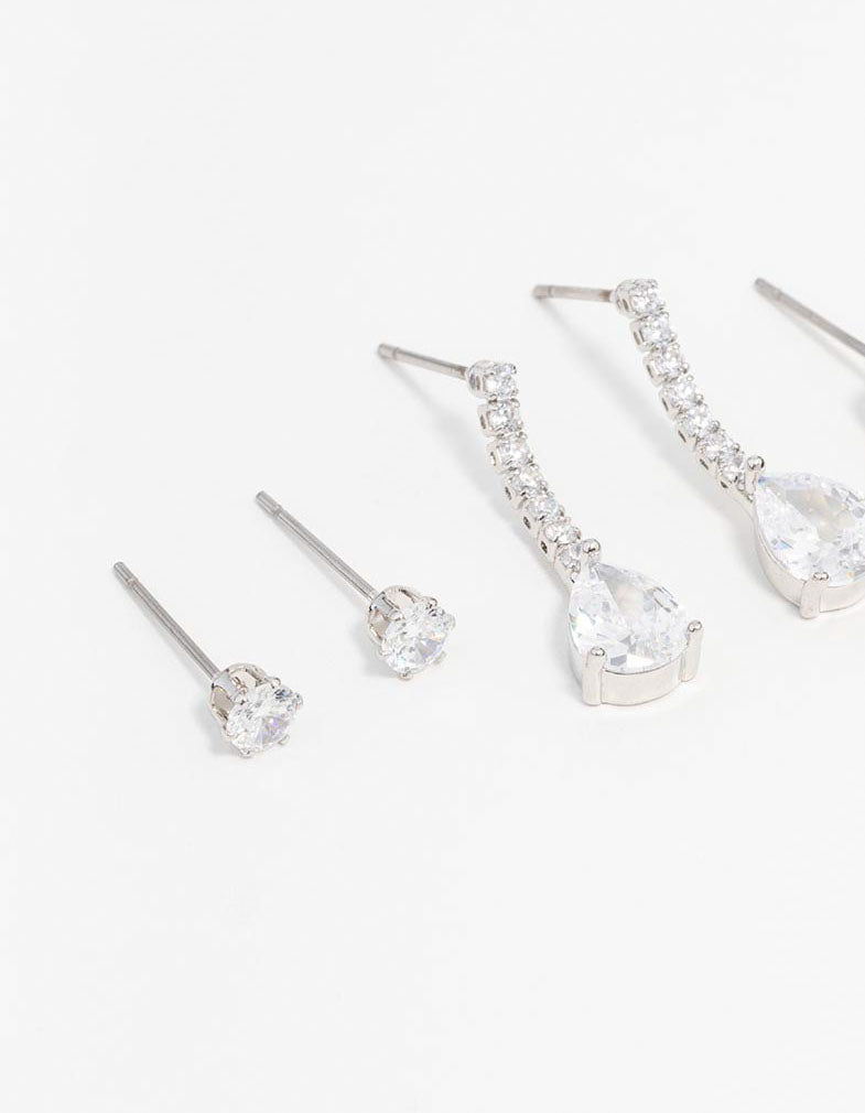 Silver Cubic Zirconia Stud & Drop Earrings 3-Pack