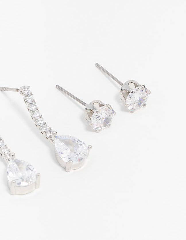 Silver Cubic Zirconia Stud & Drop Earrings 3-Pack