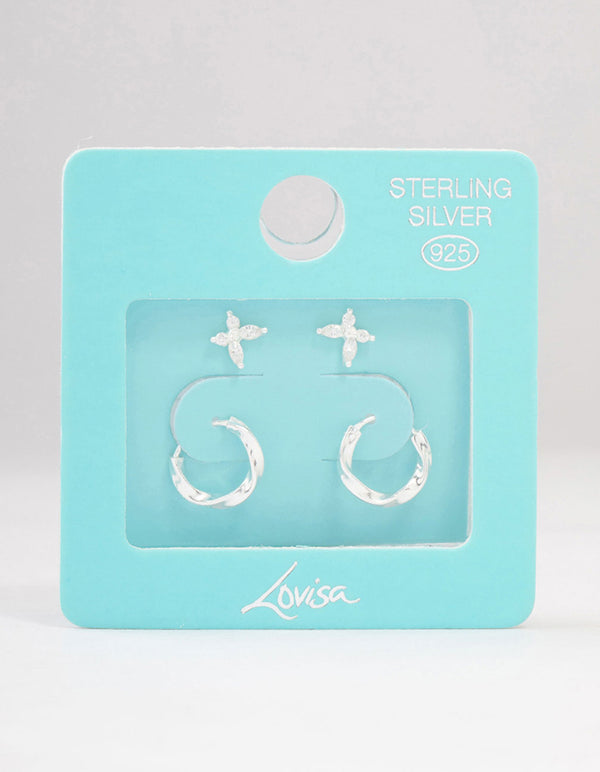 Sterling Silver Butterfly & Hoop Stud Earrings 2-Pack