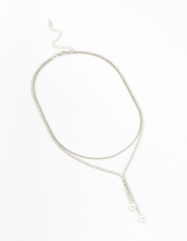 Silver Cubic Zirconia Double Row Pearl Pendant Necklace