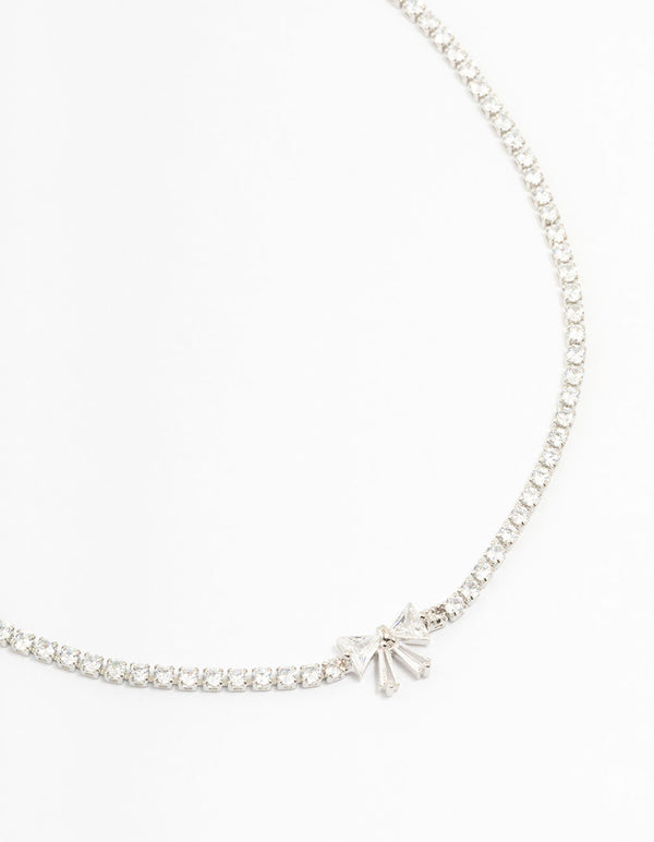 Silver Cubic Zirconia Round Stone & Bow Necklace