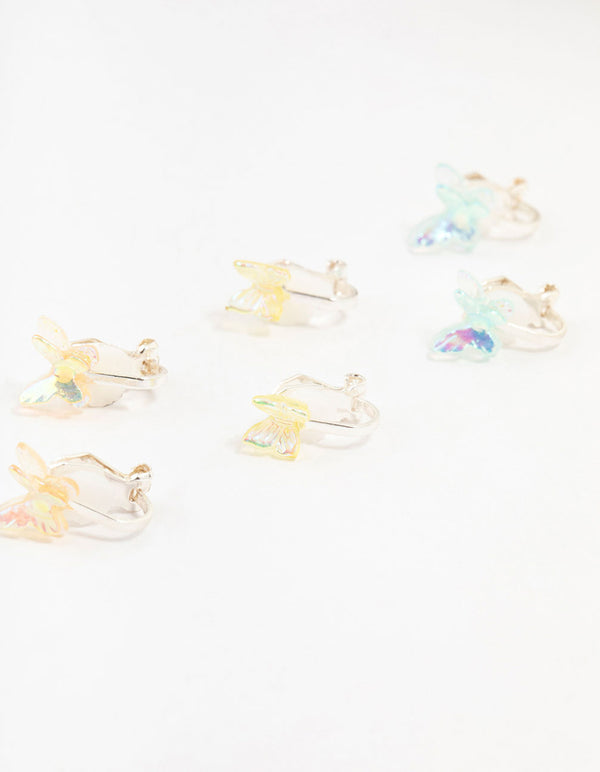 Kids Holographic Butterfly Silver Clip-On Earrings 5-Pack