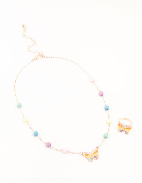 Kids Rainbow Gold Butterfly Necklace & Ring Pack