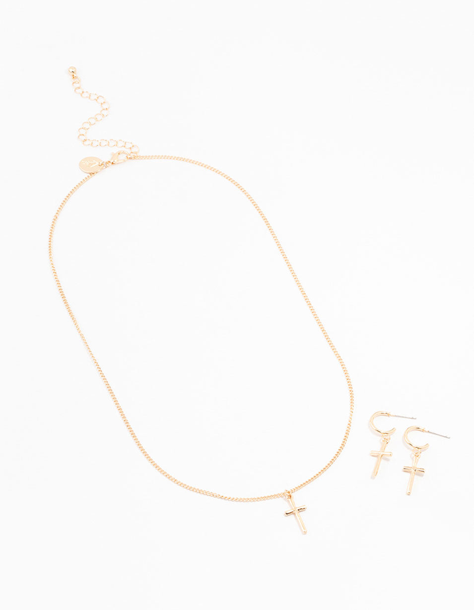 Sleek Gold Cross Necklace & Earring Set