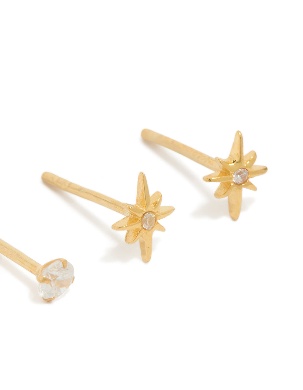 Presenting mini starburst celestial design gold plated sterling silver earrings in a 2-pack post detail view
