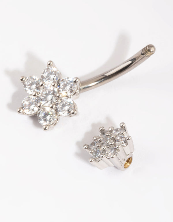 Titanium Double Flower Diamante Belly Ring