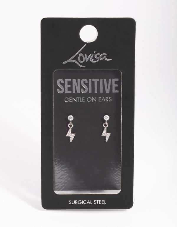 Surgical Steel Diamante Lightning Bolt Charm Stud Earrings