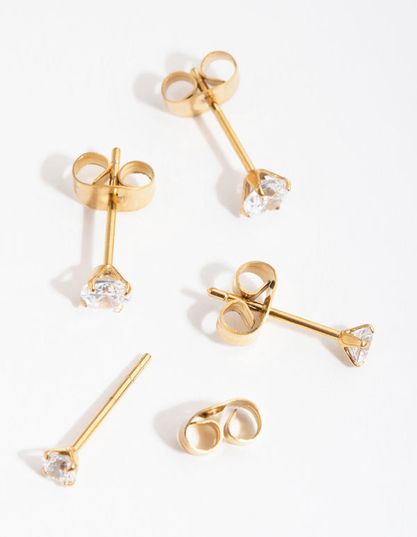 Gold Plated Surgical Steel Graduating Cubic Zirconia Stud Earrings 2-Pack