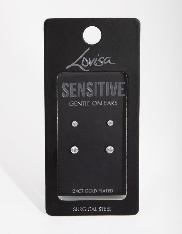 Gold Plated Surgical Steel Graduating Cubic Zirconia Stud Earrings 2-Pack