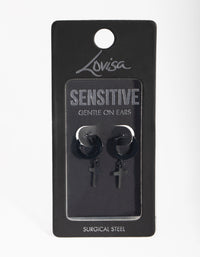 Black Coated Surgical Steel Cross Huggie Earrings - link has visual effect only