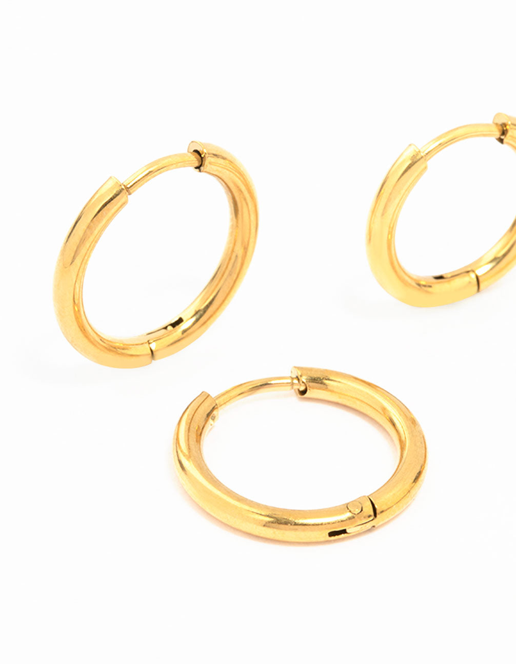 Crafted from waterproof gold plated stainless steel small hoop earrings in a 2-pack close up view