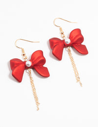 Gold Pearlised Red Bow Chain Drop Earrings - link has visual effect only