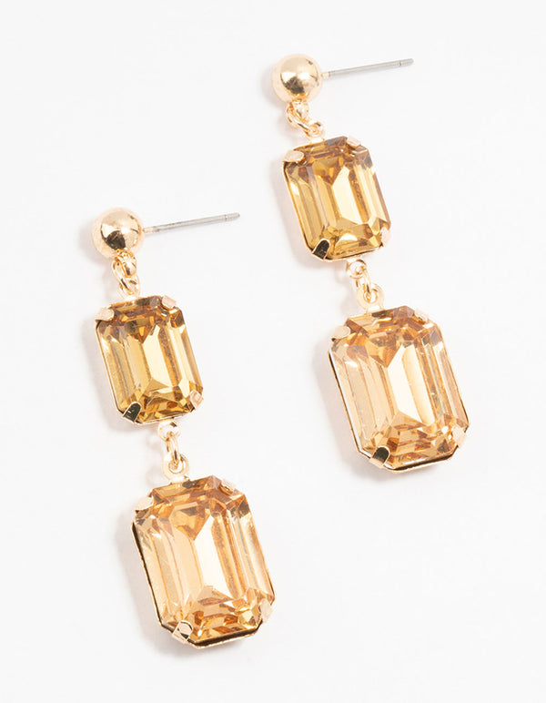 Gold Double Rectangle Orange  Diamante Drop Earrings