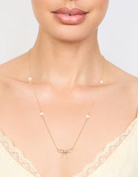 Gold Plated Station Pearl Diamante Bow Pendant Necklace - link has visual effect only
